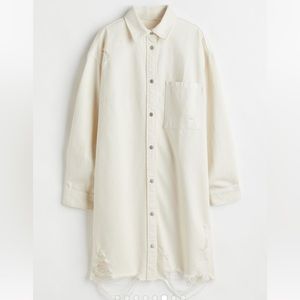 White Distressed Cotton Denim Shirt Dress